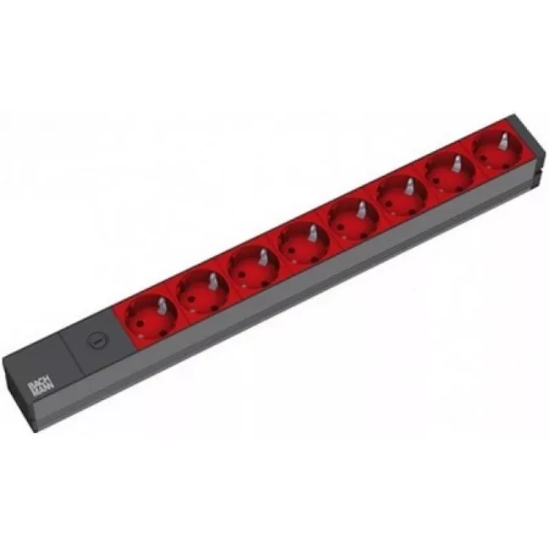 Bachmann 19'' 2m 8x Schuko H05VV-F 3G 1.00mm² maitinimo ilgintuvas, 8 kintamosios srovės lizdai, juoda, raudona