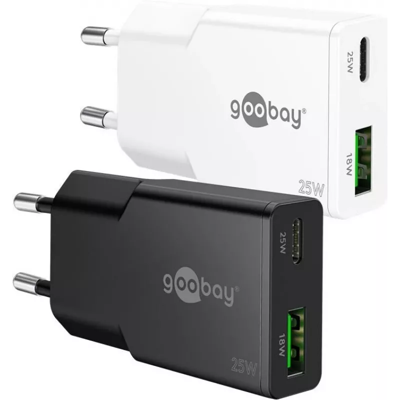 Goobay USB-C™ PD GaN dviejų įrenginių plonas greitasis įkroviklis (25 W) juodas (75733)