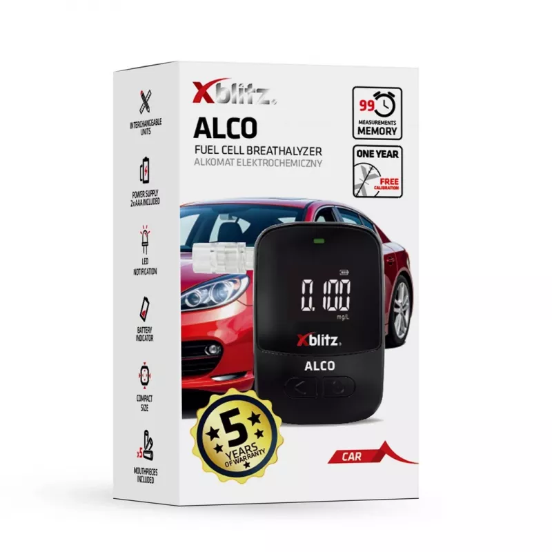 Rankinis elektrocheminis alkotesteris Xblitz ALCO — BAC 0–4%, tikslumas 0,05%, LCD, 5 kandikliai, 2×1,5 V baterijos