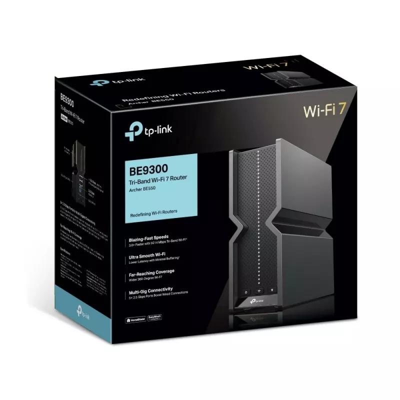 TP-Link Archer BE9300 trijų juostų Wi-Fi 7 maršrutizatorius, Wi-Fi 7 (802.11be), trijų juostų (2.4 GHz / 5 GHz / 6 GHz), Ethernet LAN, Juodas, stalinis maršrutizatorius