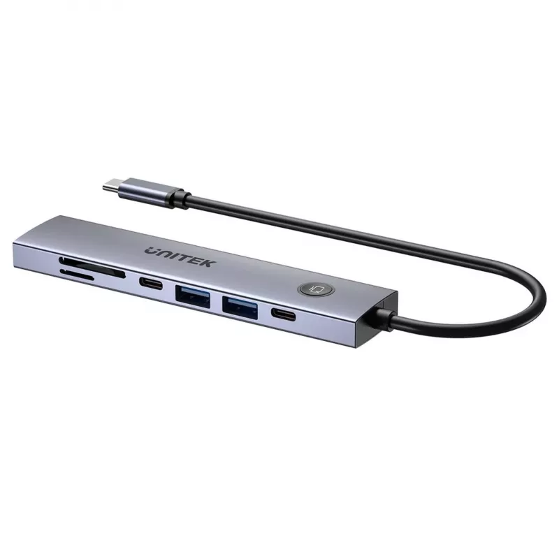 USB-C šakotuvas Unitek H1124AGY01 su 100W PD, HDMI 2.0, 2x USB‑A, 2x USB‑C, SD/microSD skaitytuvu — aliuminis