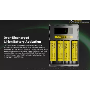 Baterijų įkroviklis Nitecore Ci4 — universalus USB įkroviklis Ličio jonų / NiCd / NiMH, 5/9/12V įvestis, 3A, plastikinis, 0.1914 kg