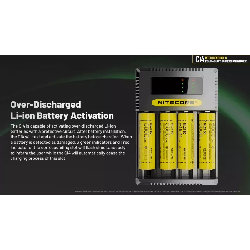Baterijų įkroviklis Nitecore Ci4 — universalus USB įkroviklis Ličio jonų / NiCd / NiMH, 5/9/12V įvestis, 3A, plastikinis, 0.1914 kg