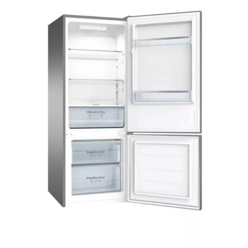 Laisvai pastatomas šaldytuvas-šaldiklis AMICA KGCL 384 160 E, bendras 205 L, šaldytuvas 153 L, šaldiklis 52 L, apatinis šaldiklis, nerūdijantis plienas