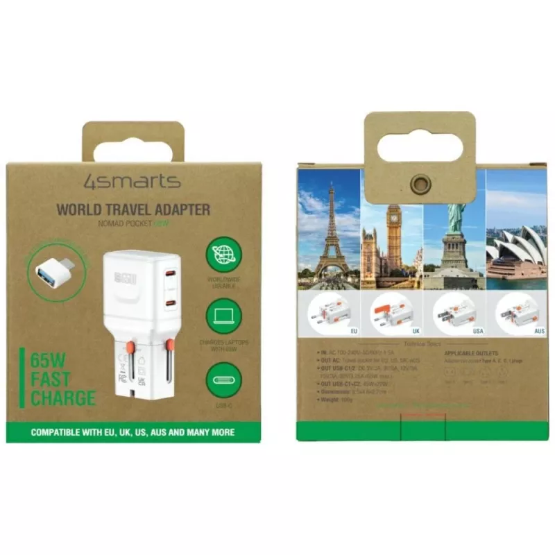 Kelioninis įkroviklis World 65W USB-C + USB-A baltas