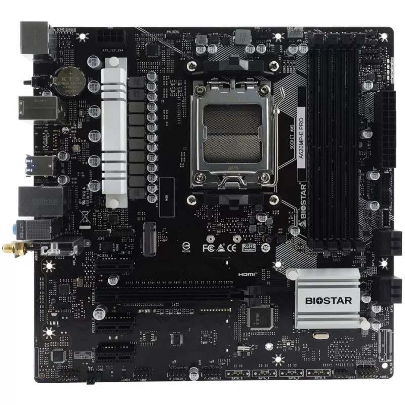 Motininė plokštė BIOSTAR A620MP-E PRO — AMD A620 microATX, Socket AM5, DDR5, 4 DIMM, max 128 GB, 2.5Gb LAN