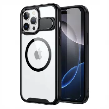 GUAN apsauginis dėklas Apple iPhone 16 Plus su 10H grūdintu stiklu ir atramine kojele, permatoma nugarėlė su juodu rėmeliu