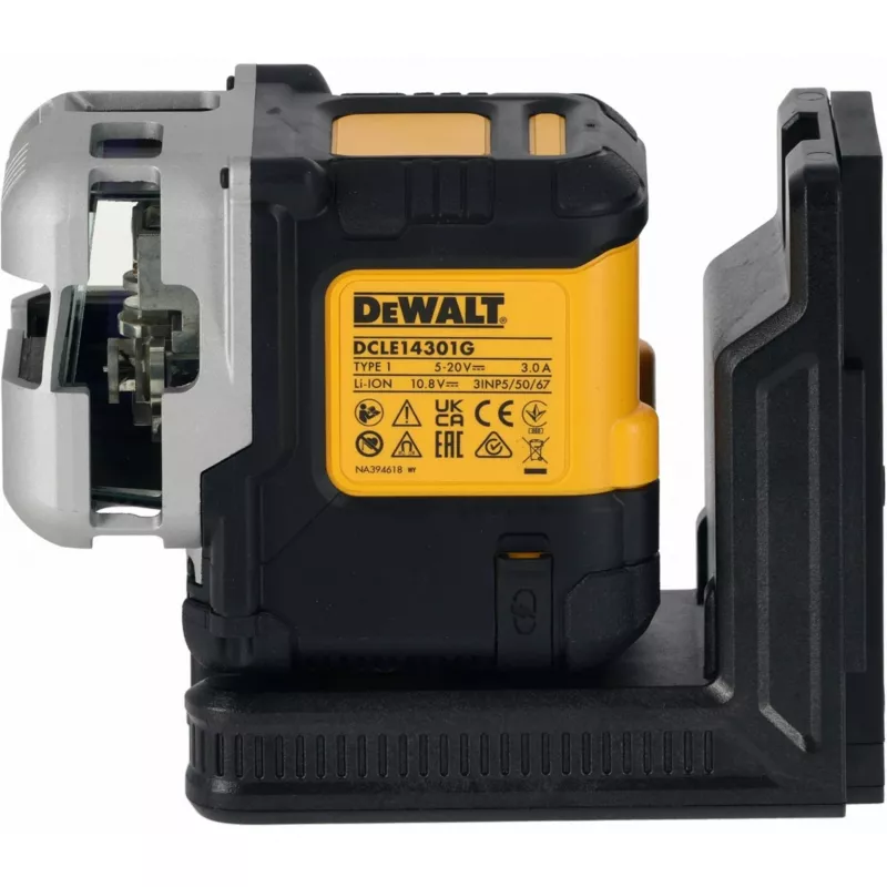 Belaidis daugialinijis lazeris DeWalt DCLE14301GB 3×180° kryžminių linijų, 18 V, žalios linijos, integruota Powerstack Li-Ion baterija