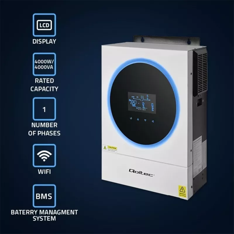 Qoltec, įtampos keitiklis, hibridinis saulės inverteris Off-Grid 4kVA 4kW 120A MPPT LCD Wi-Fi BMS Sinus