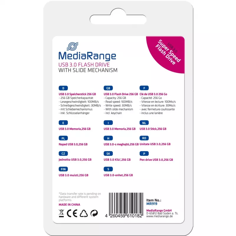 MediaRange - USB atmintukas - 256 GB - USB 3.0 - Juoda, Sidabrinė (MR919)