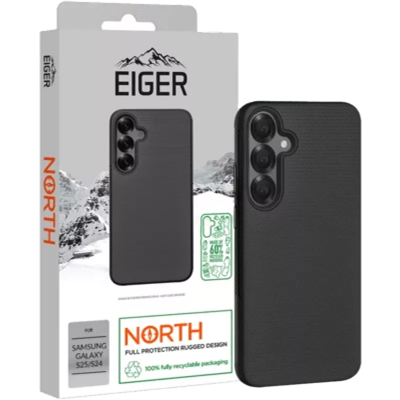 Apsauginis telefono dėklas Eiger, skirtas Samsung Galaxy S25/S24 — juodas, patvarus dizainas