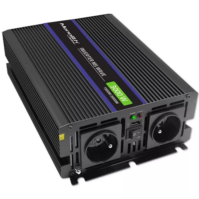 Galios keitiklis QOLTEC Monolith 3000 MS Wave, 12 V → 230 V, 1500/3000 W, su USB