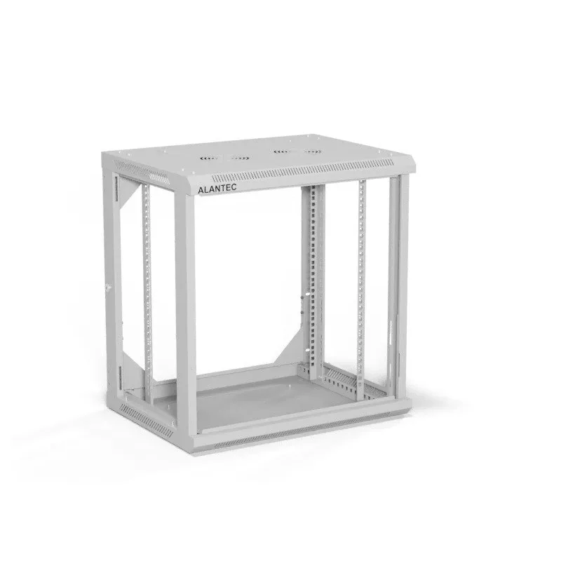 Sieninė 19 colių spinta Alantec 12U 600x450 mm, vienos stiklinės durys, nuimamos galinės ir šoninės plokštės, rakinamos, 4 montavimo bėgeliai, pilka, plokščia pakuotė