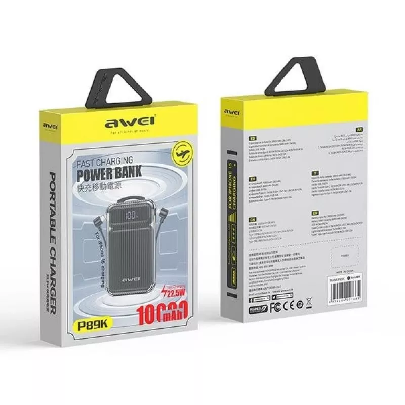 Išorinė baterija 10000mAh 38,5 W P89K integruoti kabeliai