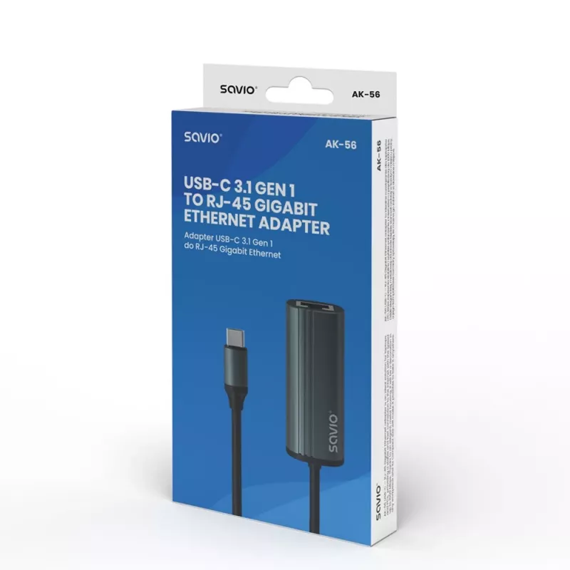 SAVIO Adapter USB-C 3.1 Gen.1 (M) į RJ-45 Gigabit Ethernet (F), 1000 Mbps, AK-56, pilka