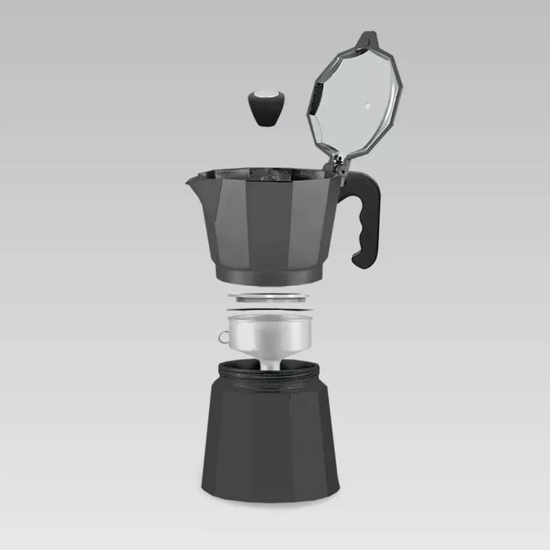 “Moka” kavos virimo aparatas Maestro MR-1666-6-Juoda — rankinis viryklės kavos virimo aparatas, 6 puodeliams, 300 ml, juodo aliuminio