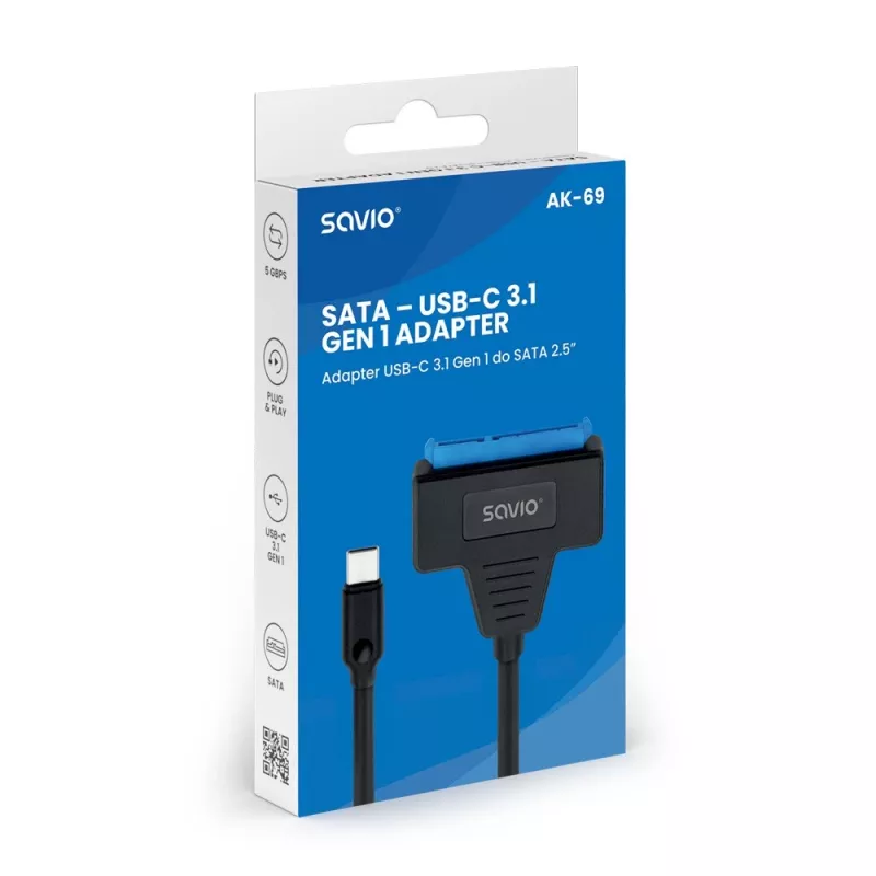 SAVIO SATA į USB-C sąsajos kabelis AK-69, SATA lizdas į USB-C kištuką, USB 3.2 Gen 1 (5 Gbit/s), 0,25 m, juodas