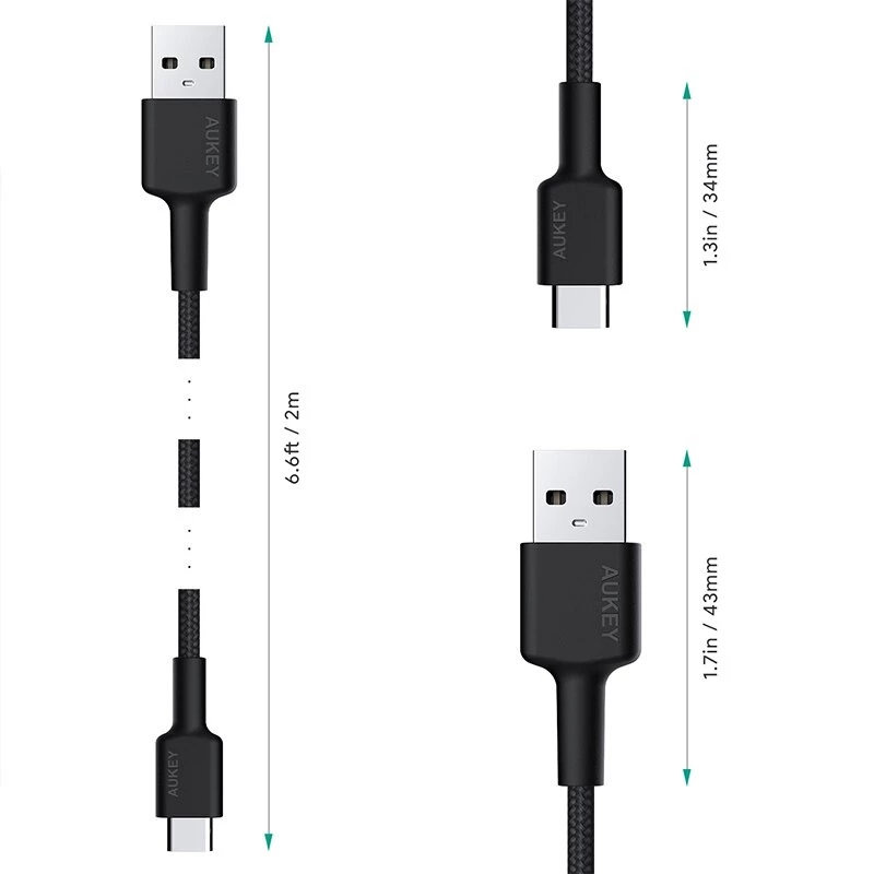 USB-C į USB-A laidas Aukey CB-CA2, nailonu pintas, greitasis įkrovimas 3 A, 1 m