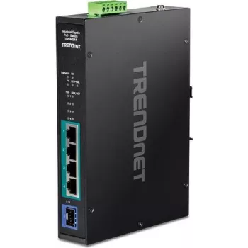 TRENDnet TI-PGM541 - Komutatorius - -20 °C – 65 °C (-4 °F – 149 °F) - 4 x 10/100/1000 (PoE+) + 1 x Gigabit SFP - DIN bėgio tvirtinimas, tvirtinamas ant sienos - PoE+ (120 W) - DC