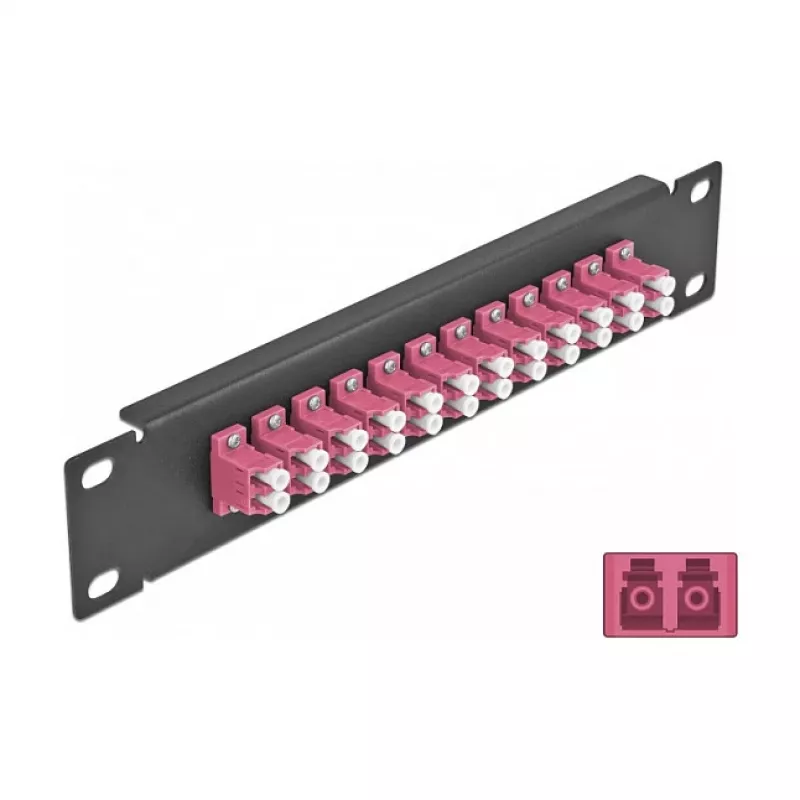 Skaidulinis optinis pataisymo skydelis DeLOCK 10 colių 12 prievadų LC Duplex violetinė 1U juoda