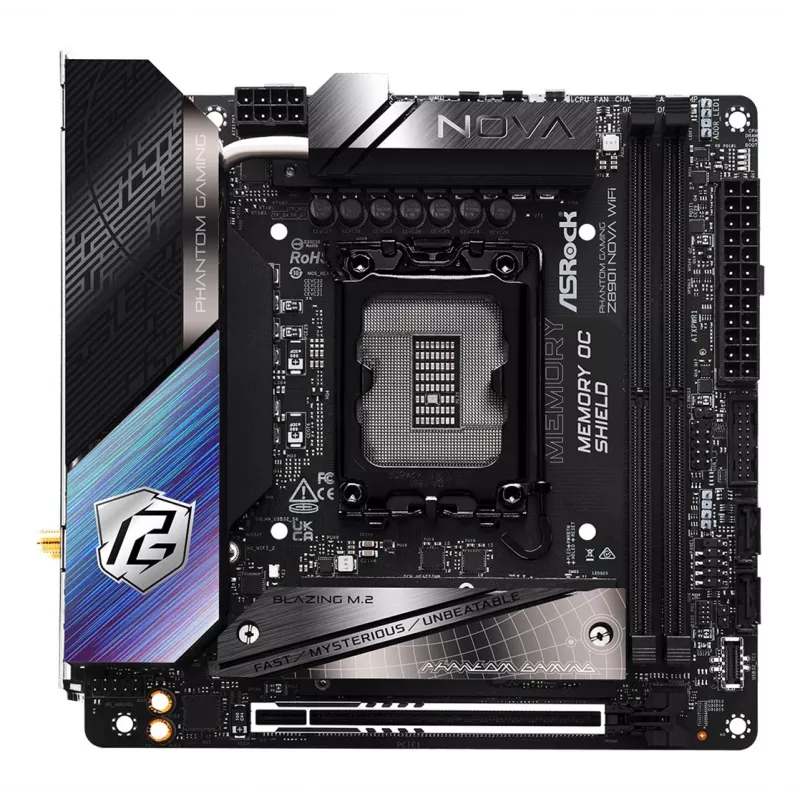 Pagrindinė plokštė ASRock Phantom Gaming Z890I Nova WiFi — Intel Z890, LGA 1851, Mini ITX, DDR5, 2x M.2, Wi‑Fi 6E/7, 5Gb LAN, Thunderbolt