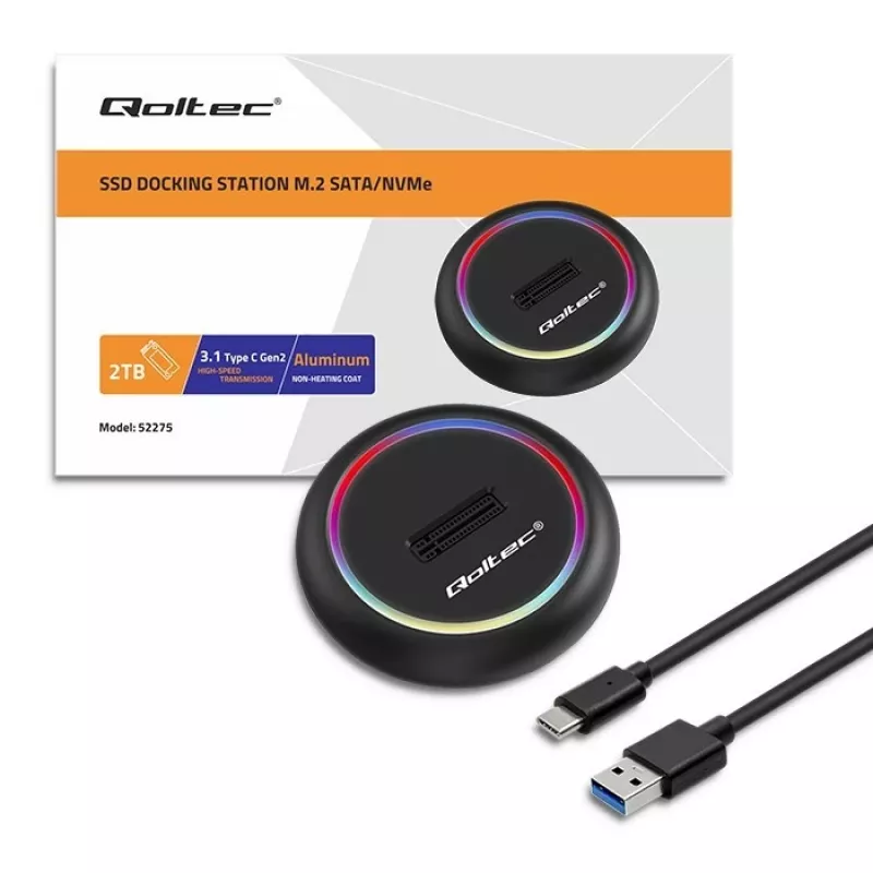 Qoltec 52275 M.2 SSD diskų prijungimo stotelė, SATA/NVMe, USB-C