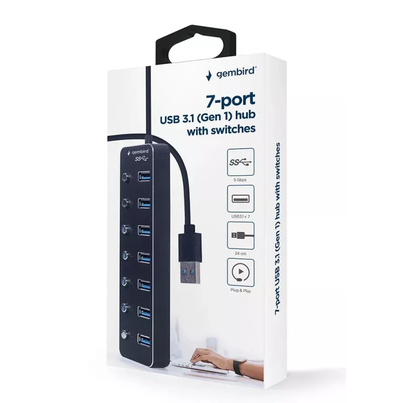 USB šakotuvas Gembird UHB-U3P7P-01, 7 prievadų USB 3.2 Gen 1 (Type-A), 0,24 m kabelis, juodas