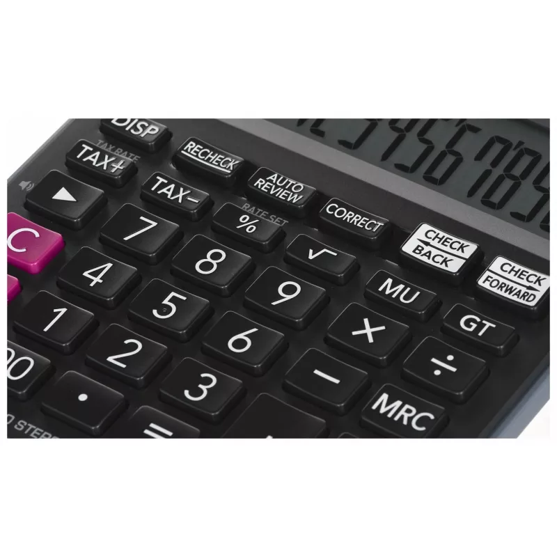 Stalinis skaičiuotuvas CASIO MJ-120D PLUS — pagrindinis 12 skaitmenų, baterija/saulės energija, 35 klavišai, mokesčių ir kvadratinė šaknis, juodas