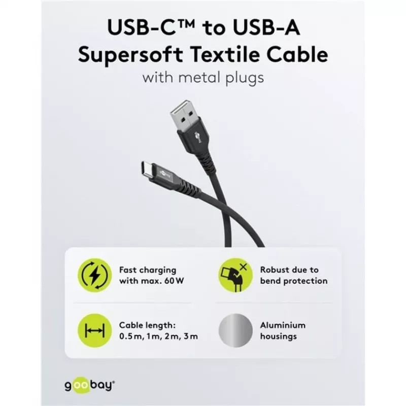 Goobay USB-C laidas Fabric Supersoft su metalinėmis jungtimis, 2 m, juodas (2m, USB 2.0, 60W), USB laidas