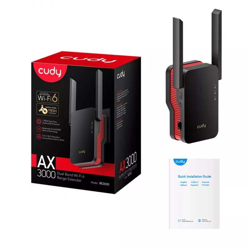 Wi‑Fi signalo stiprintuvas Cudy RE3000 2400–5000 MHz, 802.11ax/ac/n/g/b/a, Ethernet 100 Mbps, išorinė antena, juoda/raudona