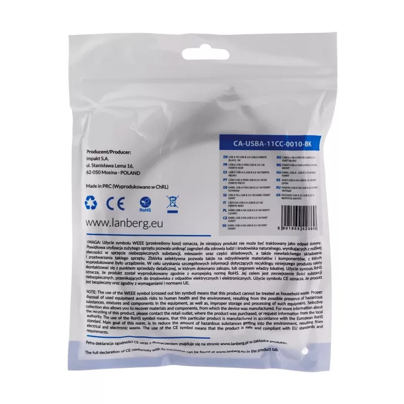Lanberg CA-USBA-11CC-0010-BK USB laidas 1 m 2.0 USB B Juodas