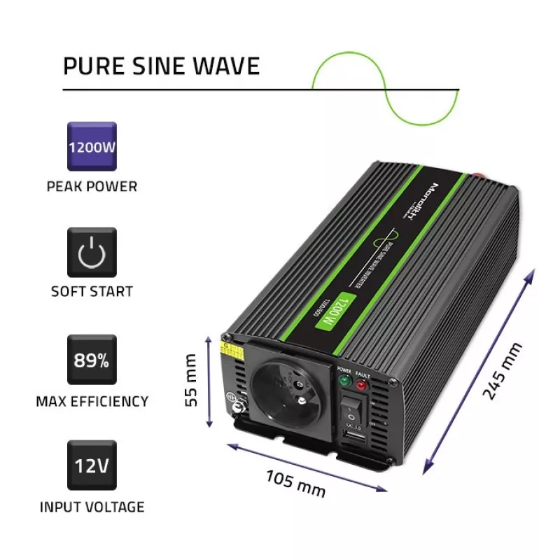 Automobilinis keitiklis Qoltec Monolith 1200 W juodas 12 V