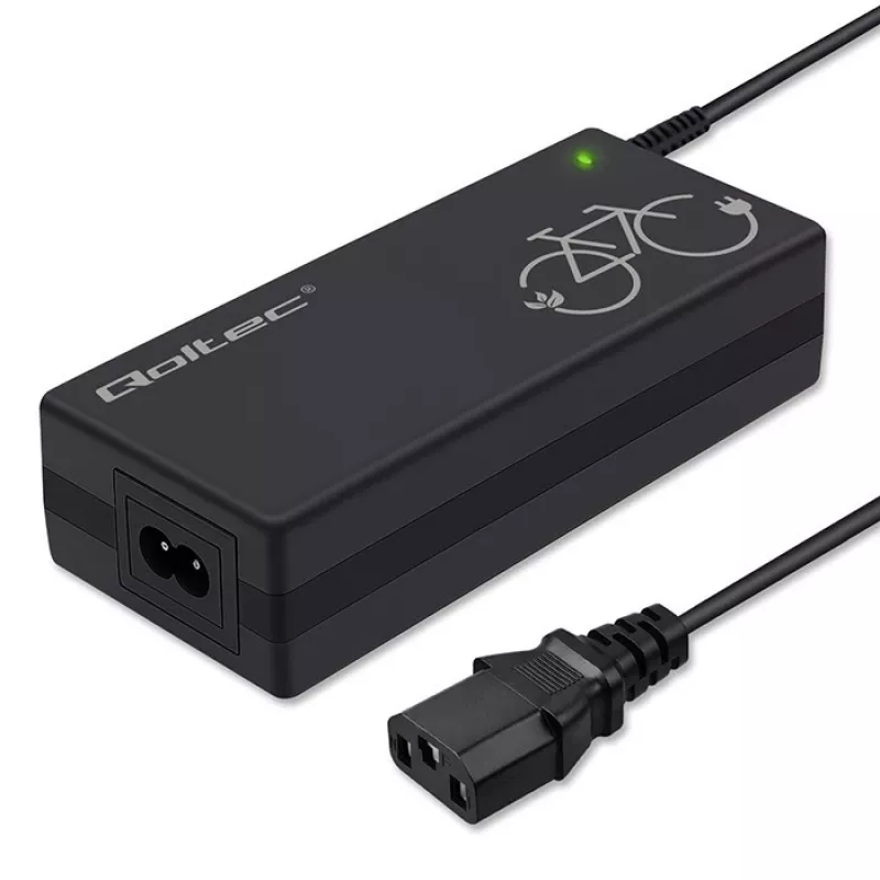 Įkroviklis QOLTEC 36V–42V 2A su C14 IEC 3 kontaktų jungtimi, skirtas elektrinių dviračių baterijoms