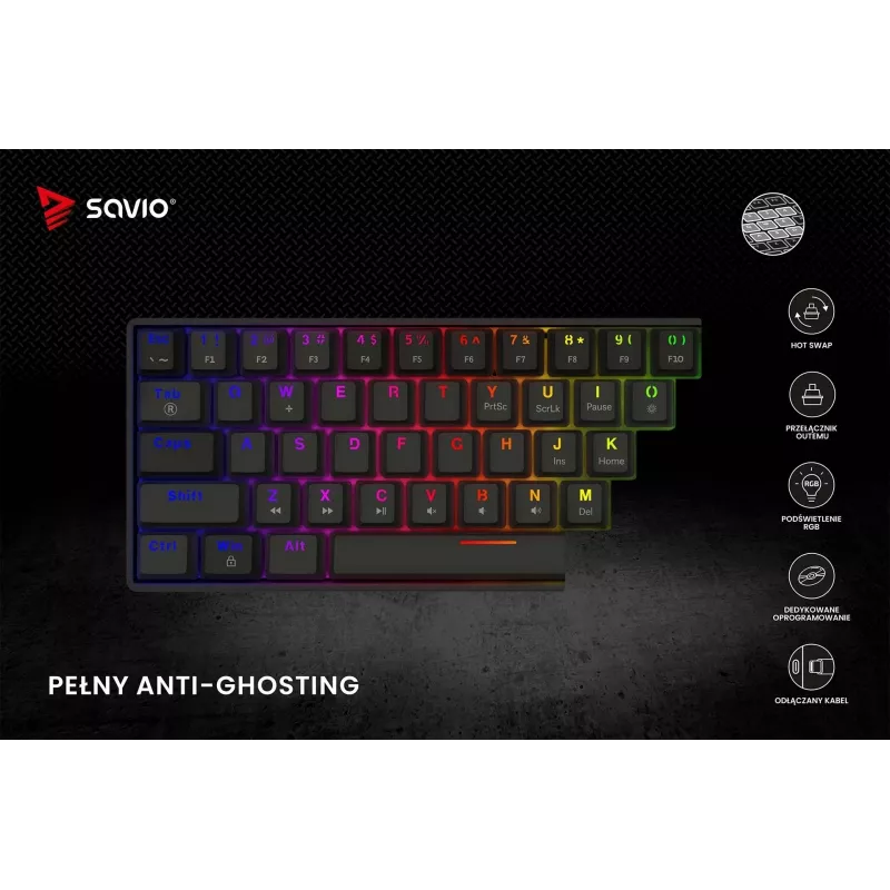 Mechaninė žaidimų klaviatūra SAVIO JuodaOUT X2 BROWN, 61 klavišų, 60 %, USB, QWERTY, RGB, Outemu Brown