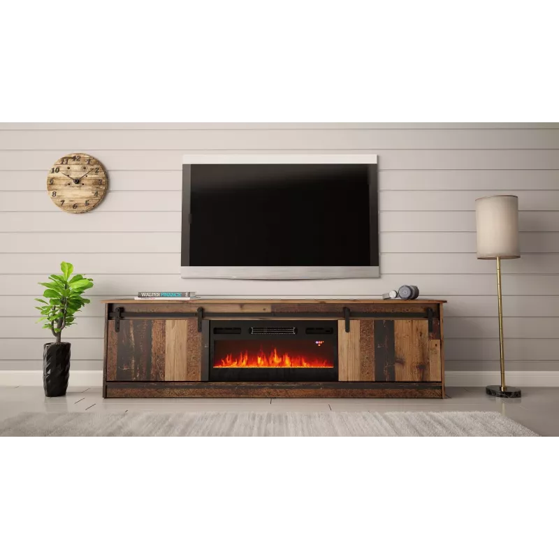 TV spintelė Cama Meble GRANERO su židinio spintele, 2000×567×350 mm, medžio drožlių plokštė / MDF, 2 stumdomos durys, sendinto medžio imitacijos matinis