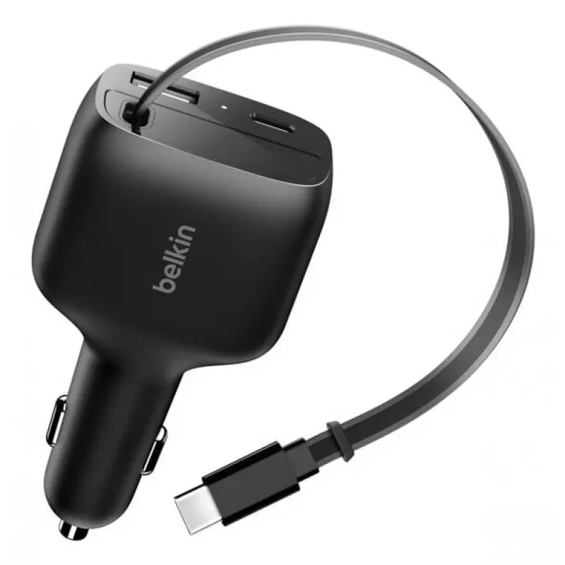 Belkin 75W 2-Port w Retractable USB-C Cbl Car - Kabelis (CCC001HQBK)