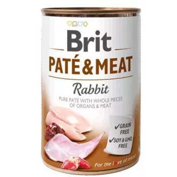 Šlapias šunų maistas Brit Paté & Meat with Rabbit 400 g — suaugę šunys, paštetas skardinėje, baltymų 11%, riebalų 9%