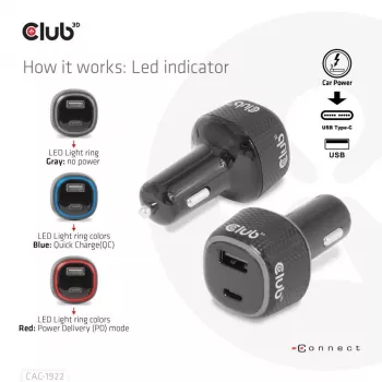 CLUB3D Nešiojamojo kompiuterio / Laptop maitinimo automobilinis įkroviklis 63 Watt, Auto, cigarečių žiebtuvėlis, 24 V, Juodas