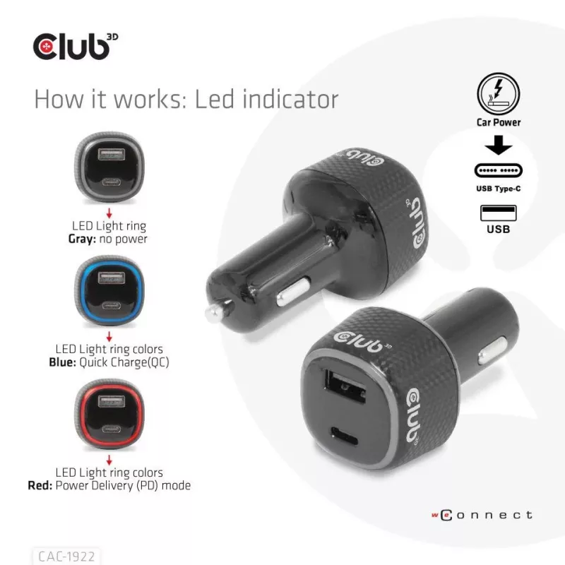 CLUB3D Nešiojamojo kompiuterio / Laptop maitinimo automobilinis įkroviklis 63 Watt, Auto, cigarečių žiebtuvėlis, 24 V, Juodas