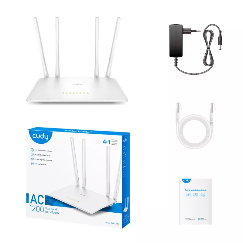 Stalinis maršrutizatorius Cudy WR1200 dviejų juostų Wi‑Fi 5 (802.11ac) 867 Mbit/s, 4x RJ‑45 LAN, baltas