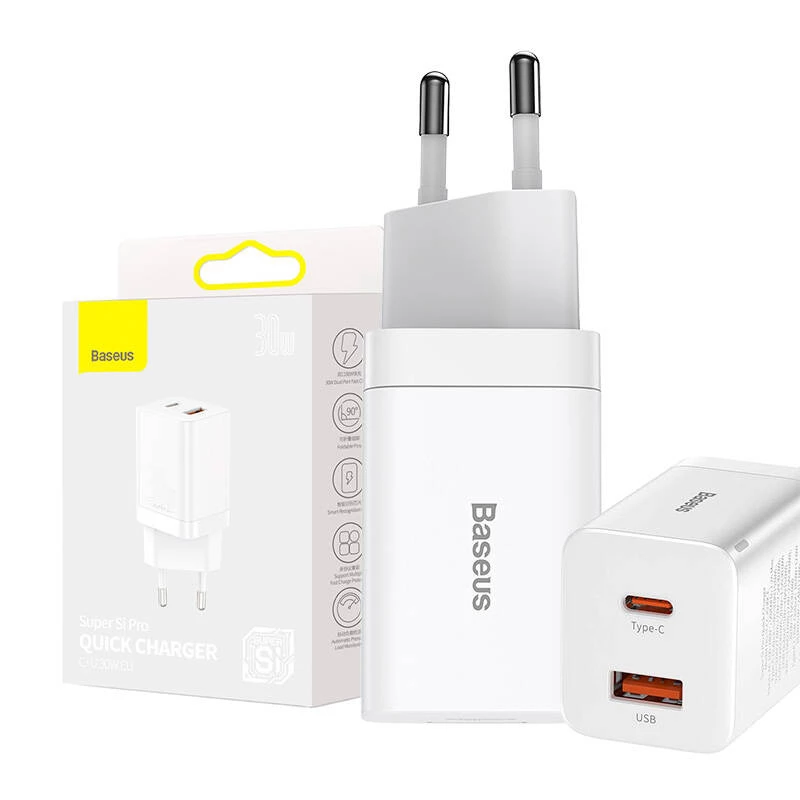 Baseus Super Si Pro greitasis įkroviklis USB + USB-C 30 W (baltas)