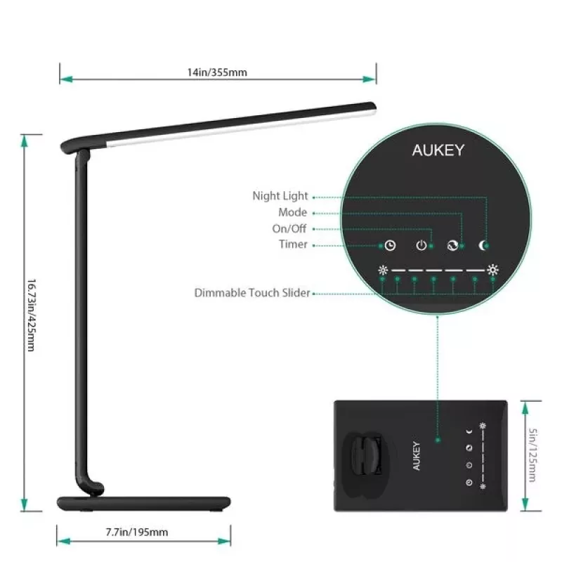 LED stalinė lempa Aukey LT-T10 12W 3000–6500K — reguliuojama spalvinė temperatūra, juoda