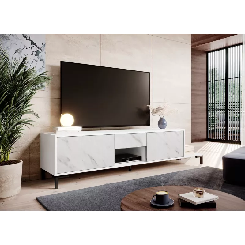 TV spintelė Cama Meble MARMO 2D1S1K, 195x40x47,5 cm, balta matinė/viršus marmuro baltumo