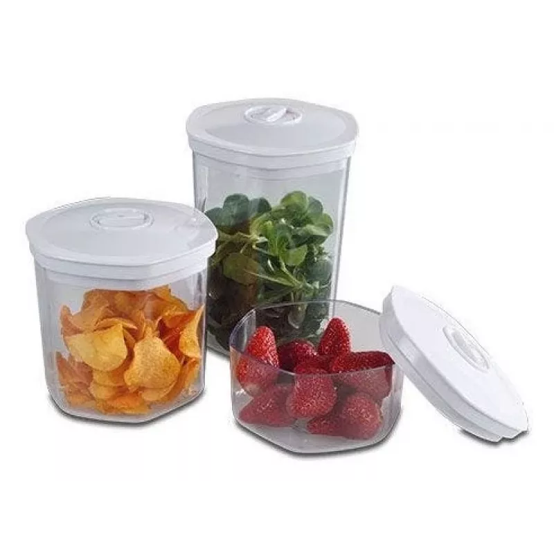 Vakuuminis maisto laikymo indų rinkinys Solis 92278 — šešiakampiai 700 ml, 1,4 l, 2 l, balti/permatomi, tinka šaldytuvui ir šaldikliui