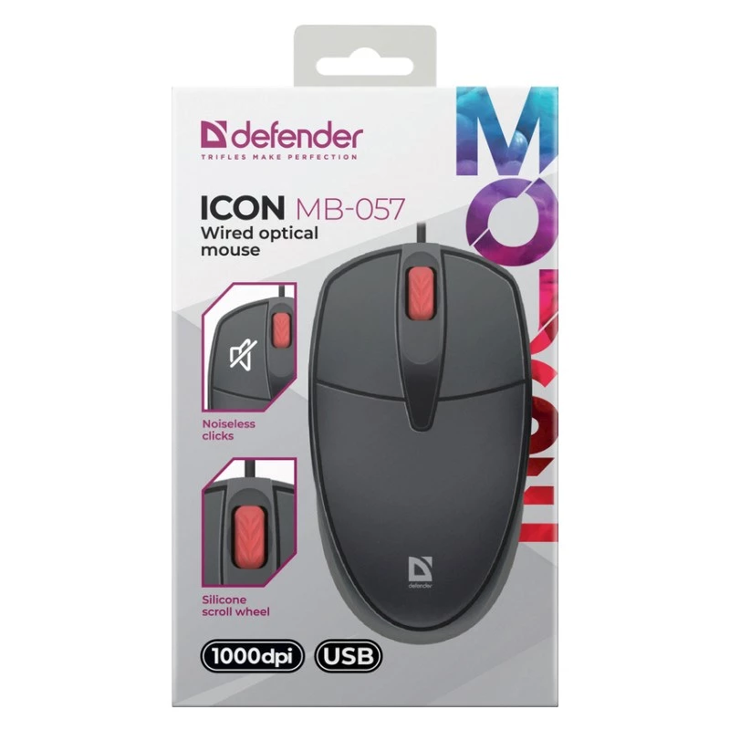 pelė DEFENDER ICON MB-057 OPTINĖ 1000dpi 3P JUODA TYLUS SPAUDIMAS