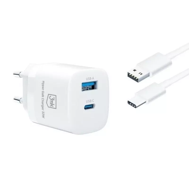 3MK įkroviklis 33W GaN PD 1xUSB-A+1xUSB-A, baltas