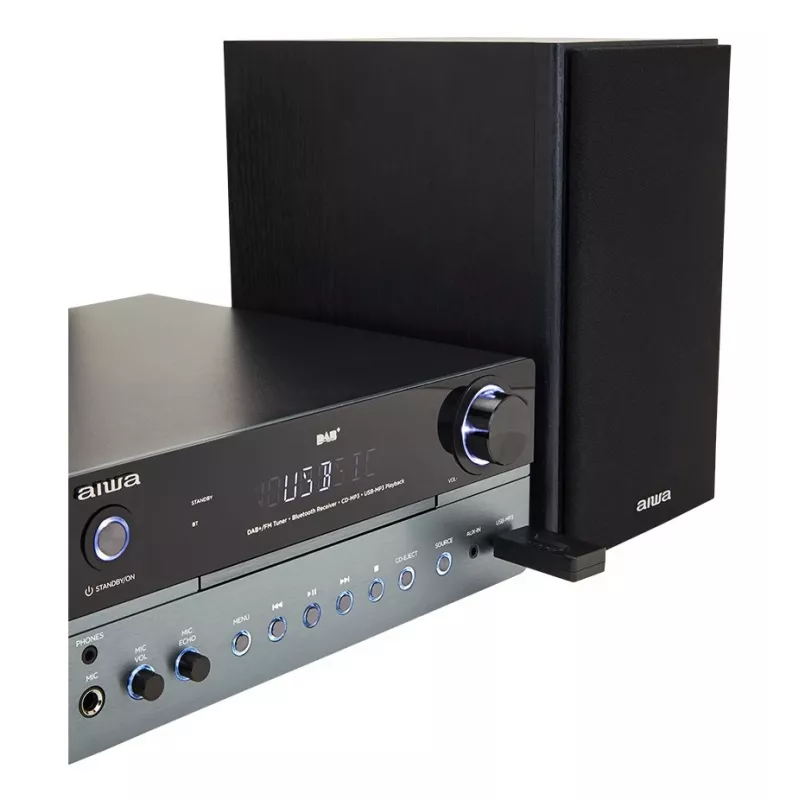 Namų garso mikrosistema Aiwa MSBTU-700DAB — 25 W RMS, DAB+/FM, Bluetooth 10 m, dėklo tipo CD, LED ekranas, juoda/arktinė mėlyna