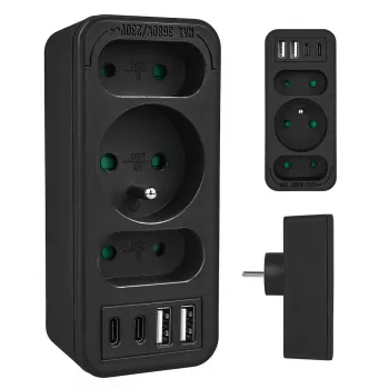 Maitinimo skirstytuvas MACLEAN MCE248 F/B — 3 kintamosios srovės lizdai (1x16A, 2x6A) ir 4 USB prievadai (2xUSB‑A, 2xUSB‑C PD 20W), ES kištukas, juodas