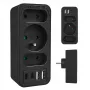 Maitinimo skirstytuvas MACLEAN MCE248 F/B — 3 kintamosios srovės lizdai (1x16A, 2x6A) ir 4 USB prievadai (2xUSB‑A, 2xUSB‑C PD 20W), ES kištukas, juodas