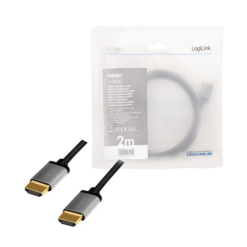 LogiLink CHA0101 HDMI AV kabelis, juodai pilkas, 2 m, HDMI į HDMI kištukai
